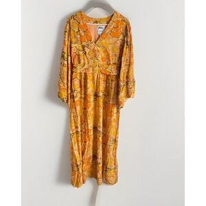 Joanie Dawn O'Porter Maxi Dress Kaftan Floral Flared Sleeve Retro US 16 70s
